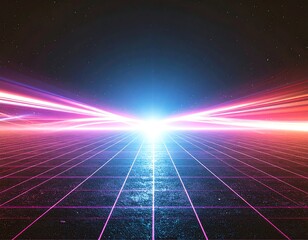 A stunning synthwave/retrowave abstract background featuring a neon-pink and blue grid floor, speed lines, and a bright central light, evoking an 80s futuristic or cyberpunk aesthetic.