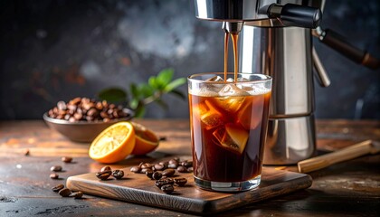Refreshing iced coffee with espresso and orange slice on wooden table in moody lighting