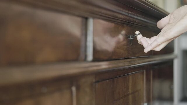 Opening a brown wooden drawer
