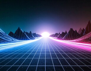 A stunning synthwave/retrowave abstract background featuring a neon-pink and blue grid floor, speed lines, and a bright central light, evoking an 80s futuristic or cyberpunk aesthetic.