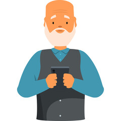 Elderly man with white beard and blue shirt wearing grey vest holds smartphone in front of him with both hands on transparent background neutral expression studio shot clean simple design