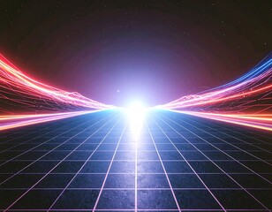 A stunning synthwave/retrowave abstract background featuring a neon-pink and blue grid floor, speed lines, and a bright central light, evoking an 80s futuristic or cyberpunk aesthetic.