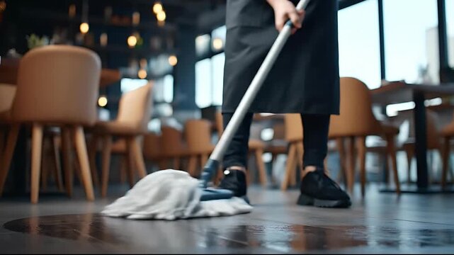 Cleaning Restaurant Floor with Mop - Maintaining Hygiene Standards.