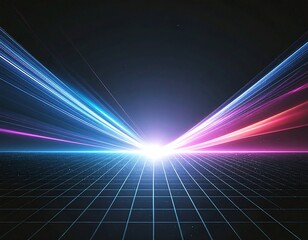 A stunning synthwave/retrowave abstract background featuring a neon-pink and blue grid floor, speed lines, and a bright central light, evoking an 80s futuristic or cyberpunk aesthetic.