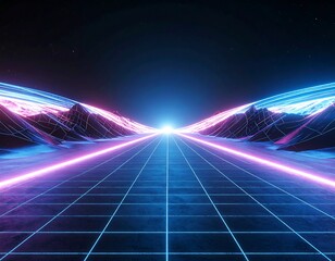 A stunning synthwave/retrowave abstract background featuring a neon-pink and blue grid floor, speed lines, and a bright central light, evoking an 80s futuristic or cyberpunk aesthetic.