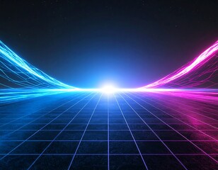 A stunning synthwave/retrowave abstract background featuring a neon-pink and blue grid floor, speed lines, and a bright central light, evoking an 80s futuristic or cyberpunk aesthetic.