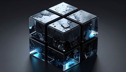 A fragmented digital cube with glossy black surfaces and luminescent blue glow