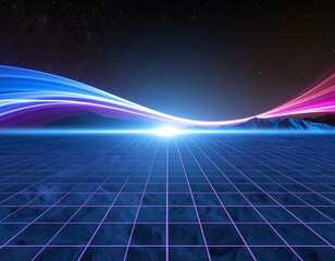 A stunning synthwave/retrowave abstract background featuring a neon-pink and blue grid floor, speed lines, and a bright central light, evoking an 80s futuristic or cyberpunk aesthetic.