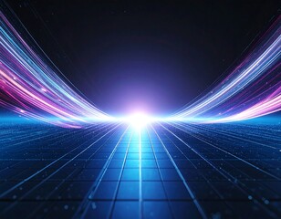 A stunning synthwave/retrowave abstract background featuring a neon-pink and blue grid floor, speed lines, and a bright central light, evoking an 80s futuristic or cyberpunk aesthetic.