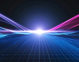 A stunning synthwave/retrowave abstract background featuring a neon-pink and blue grid floor, speed lines, and a bright central light, evoking an 80s futuristic or cyberpunk aesthetic.