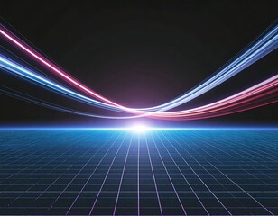 A stunning synthwave/retrowave abstract background featuring a neon-pink and blue grid floor, speed lines, and a bright central light, evoking an 80s futuristic or cyberpunk aesthetic.