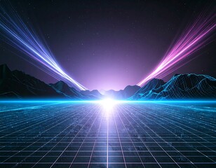 A stunning synthwave/retrowave abstract background featuring a neon-pink and blue grid floor, speed lines, and a bright central light, evoking an 80s futuristic or cyberpunk aesthetic.