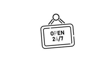  Simple line art sign displaying an always-open message, featuring bold text reading ‘OPEN 24/7’ on a hanging board, symbolizing nonstop service availability for businesses or services .