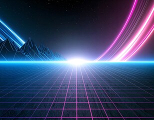 A stunning synthwave/retrowave abstract background featuring a neon-pink and blue grid floor, speed lines, and a bright central light, evoking an 80s futuristic or cyberpunk aesthetic.