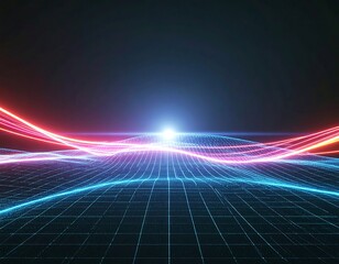 A stunning synthwave/retrowave abstract background featuring a neon-pink and blue grid floor, speed lines, and a bright central light, evoking an 80s futuristic or cyberpunk aesthetic.