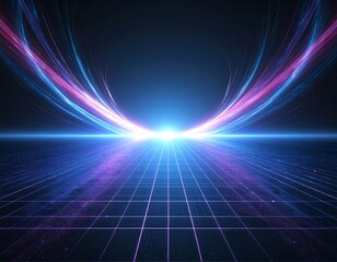 A stunning synthwave/retrowave abstract background featuring a neon-pink and blue grid floor, speed lines, and a bright central light, evoking an 80s futuristic or cyberpunk aesthetic.