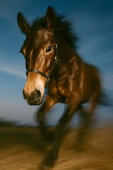 Fototapeta premium Majestic Young Horse in Blurred Motion Headshot: Capturing Equine Freedom and Agility at Sunset in Rural Pasture 