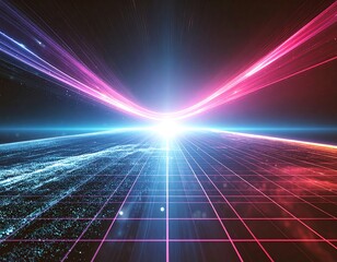 A stunning synthwave/retrowave abstract background featuring a neon-pink and blue grid floor, speed lines, and a bright central light, evoking an 80s futuristic or cyberpunk aesthetic.