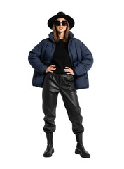 Woman in navy blue puffer jacket, black hat, leather pants and platform boots, isolated on a transparent background