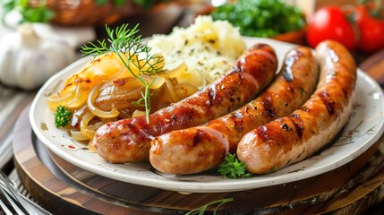 Grilled Sausages Assortment: Juicy Grilled Sausages with Mashed Potatoes, Sauerkraut, Herbs, and Condiments for Barbecue, Picnic, and Gourmet Meals