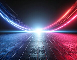 A stunning synthwave/retrowave abstract background featuring a neon-pink and blue grid floor, speed lines, and a bright central light, evoking an 80s futuristic or cyberpunk aesthetic.