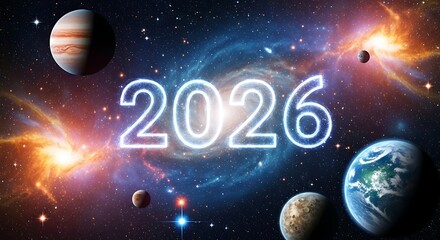 Fototapeta premium The year 2026 in space with planets and galaxies, symbolizing the future, exploration, and the vastness of the universe