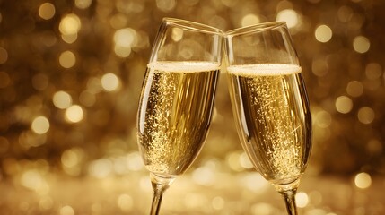 Holiday champagne glasses clinking golden sparkling background
