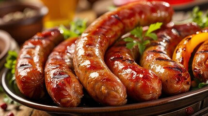 Grilled Sausages Assortment: Juicy Grilled Sausages with Mashed Potatoes, Sauerkraut, Herbs, and Condiments for Barbecue, Picnic, and Gourmet Meals