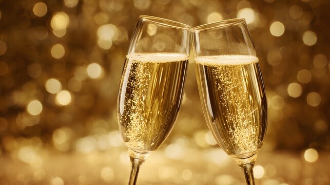 Holiday champagne glasses clinking golden sparkling background - Powered by Adobe