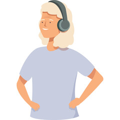 Elderly Woman With Blonde Hair Wearing Headphones And A Light Purple T Shirt Standing With Hands On Hips Looking To The Side With A Gentle Smile Against A White Background