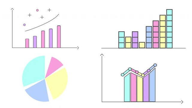 Soft pastel colored cute financial charts and business infographic in a minimal doodle style.