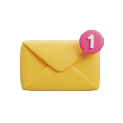 Yellow envelope with a pink notification bubble showing the number 1, isolated on transparent background
