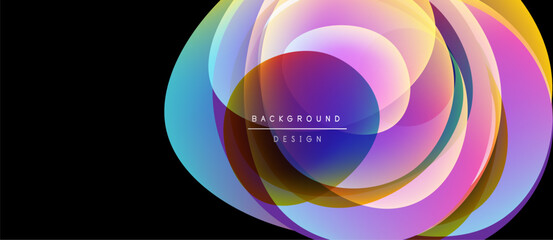 Abstract colorful layers create dynamic circular design. Vibrant hues blend, forming modern visual element. Smooth gradients suggest depth.