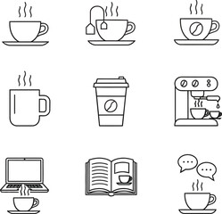 Collection of nine simple line art icons representing coffee and tea drinks and related activities