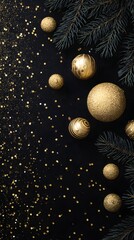 Stylish Christmas scene with golden baubles confetti on dark background