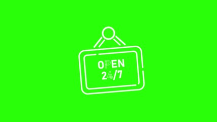  Simple line art sign displaying an always-open message, featuring bold text reading ‘OPEN 24/7’ on a hanging board, symbolizing nonstop service availability for businesses or services .