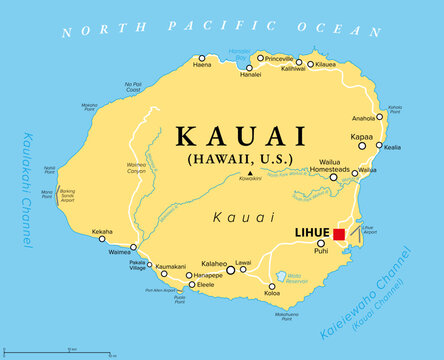Kauai, one of the main Hawaiian Islands, United States, political map, with capital Lihue. Fourth-largest island of the state of Hawaii, in the North Pacific Ocean, nicknamed The Garden Isle. Vector