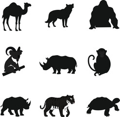 Collection of nine distinct animal silhouettes in black on a white background