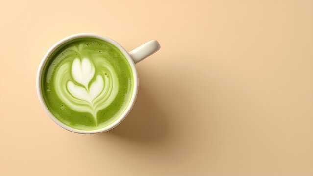 A beautifully crafted matcha latte with intricate leaf art, served in a white mug against a soft beige background.