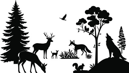 Silhouette of a diverse forest wildlife scene with deer wolf fox squirrel and trees