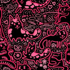 seamless pattern with cats and fish 