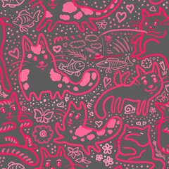 seamless pattern with cats and fish 