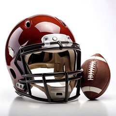Professional American football equipment featuring a glossy maroon helmet and a classic laced ball, symbolizing the spirit of the game