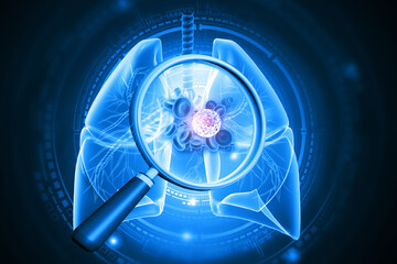 Magnifying glass finding virus bacteria in human lungs. 3d illustration