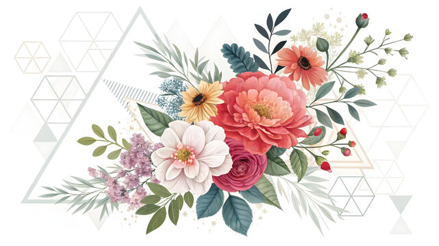 Elegant watercolor bouquet featuring coral peonies, pink roses, and lilac accents framed by subtle geometric lines - Powered by Adobe