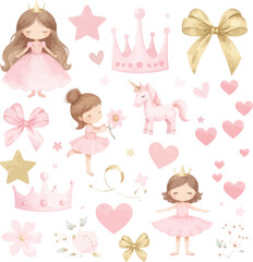 Charming watercolor princesses unicorns crowns and bows for little girls dreams