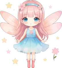 Adorable chibi fairy with pink hair and blue dress floating amongst soft pastel stars