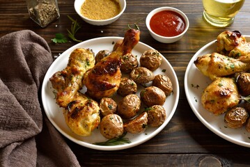 Grilled chicken drumsticks with roasted potatoes