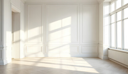 Bright empty room with white walls and wooden floor.