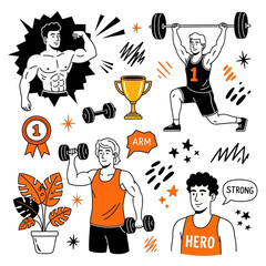 A collection of hand-drawn doodle illustrations depicting strong men exercising, lifting weights, and flexing, alongside a trophy and medal in a black and orange theme